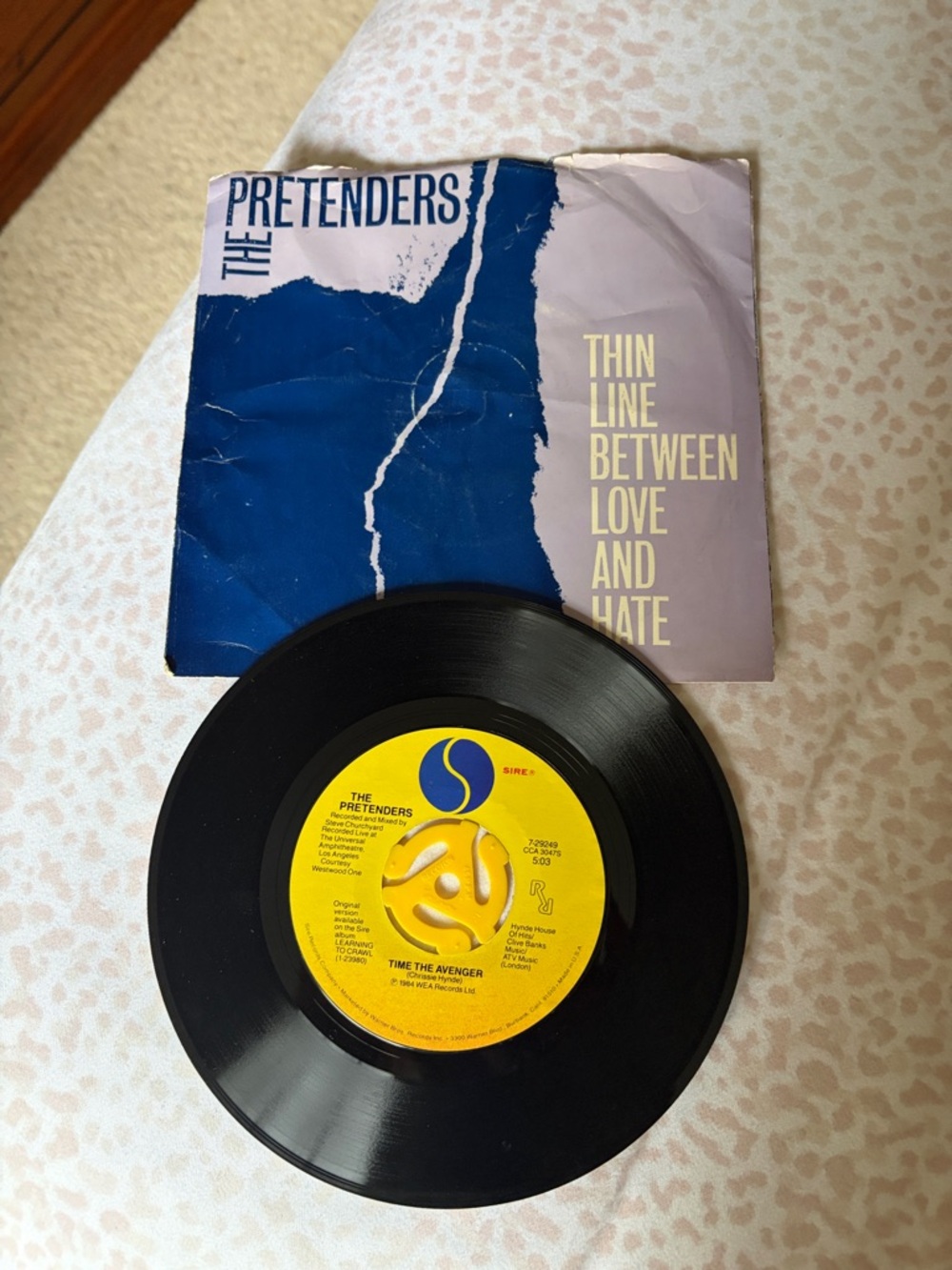 The Pretenders 'Time The Avenger' 45 Vinyl Single - Yellow Label